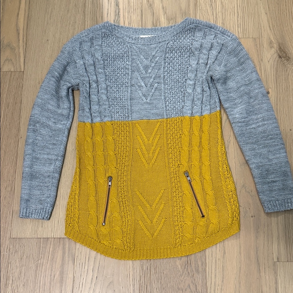 It's Our Time Gray and Mustard Cable Knit Colorblock Sweater